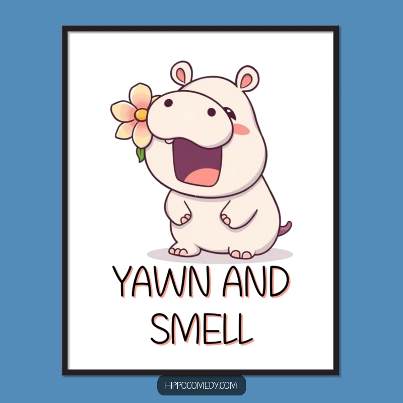 Funny Hippo Poster: Sleepy Flower Art, Unique Funny Gift