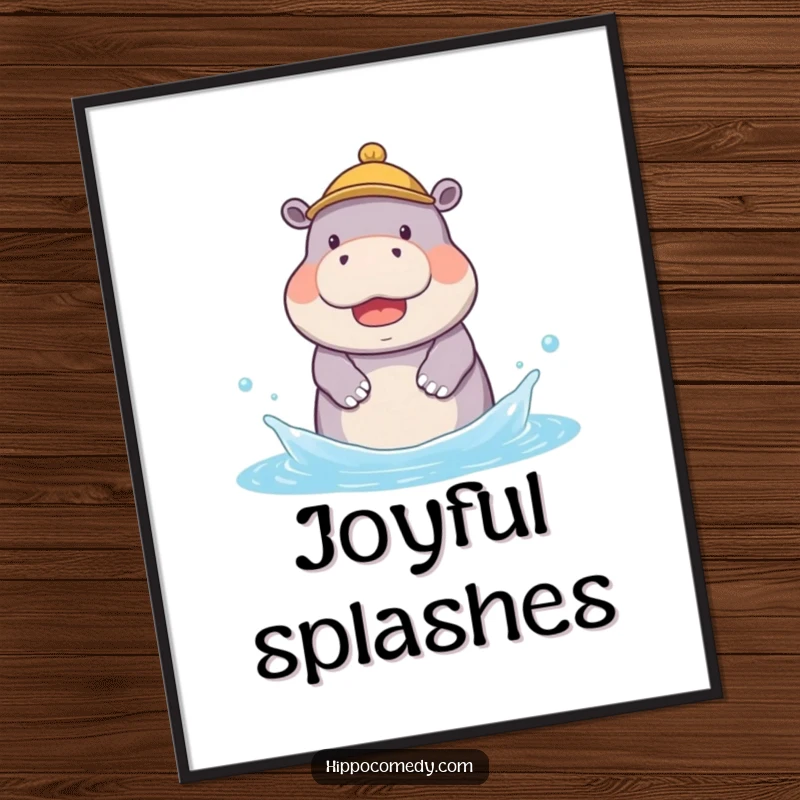 Funny poster depicting a kawaii hippopotamus wearing a tiny hat, joyfully splashing in water with a look of pure delight.