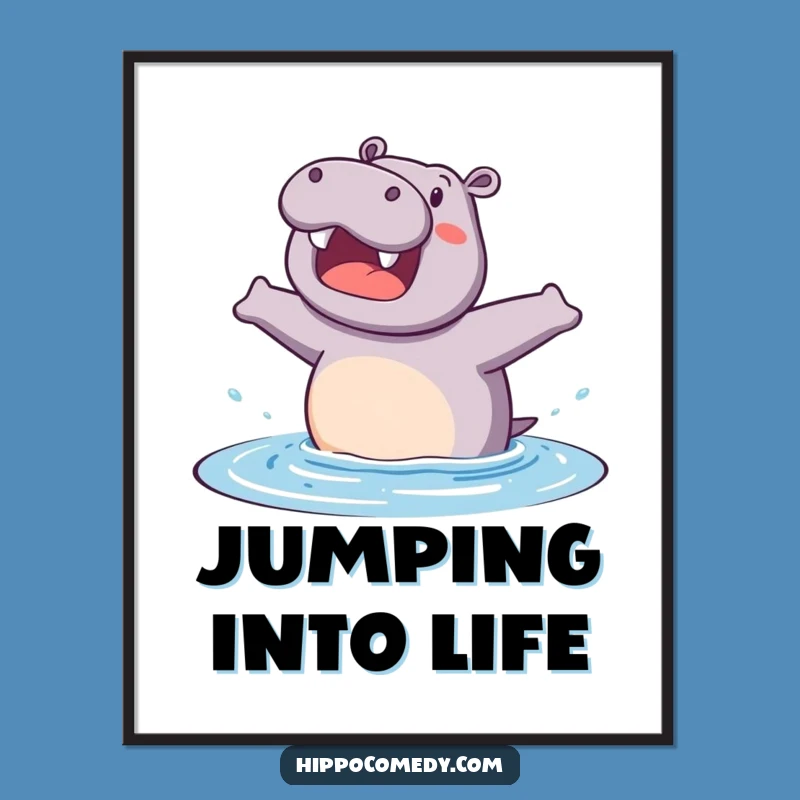 Funny Hippo Wall Art: Excited Splash Poster, Joyful Animal Decor Gift