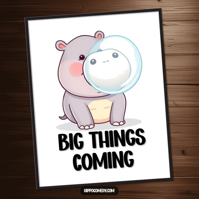 Funny kawaii hippopotamus blowing a large bubble from its mouth, presented as a delightful art print.