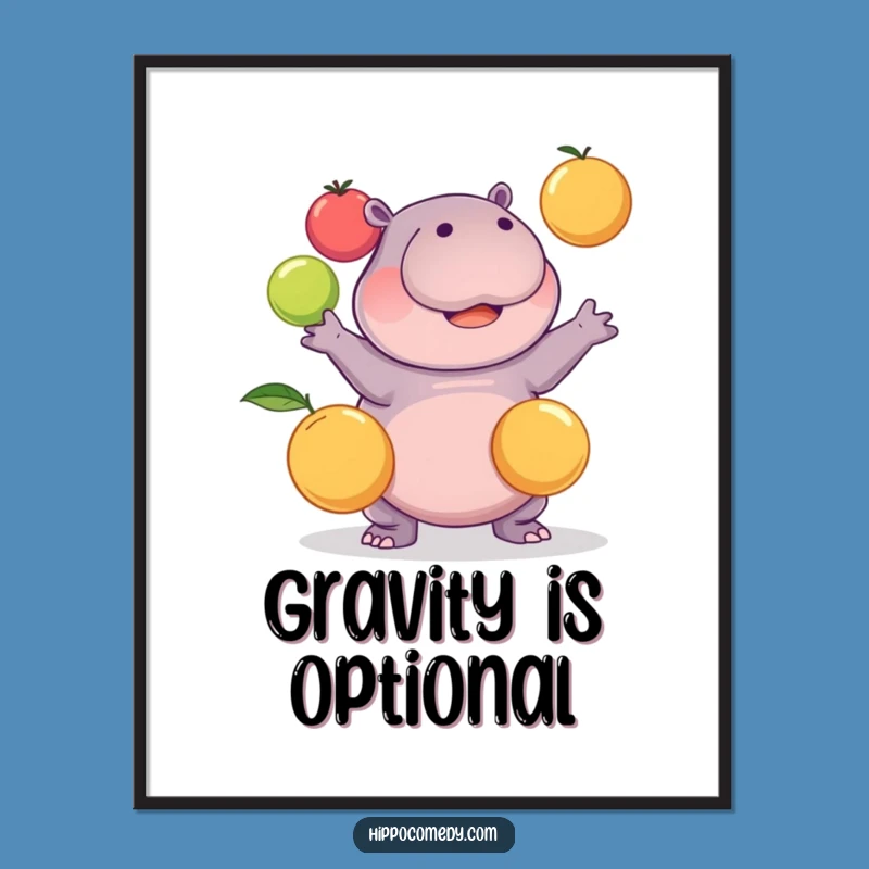 Funny Kawaii Hippo Juggling Fruits Poster: Hilarious Wall Art for Any Room