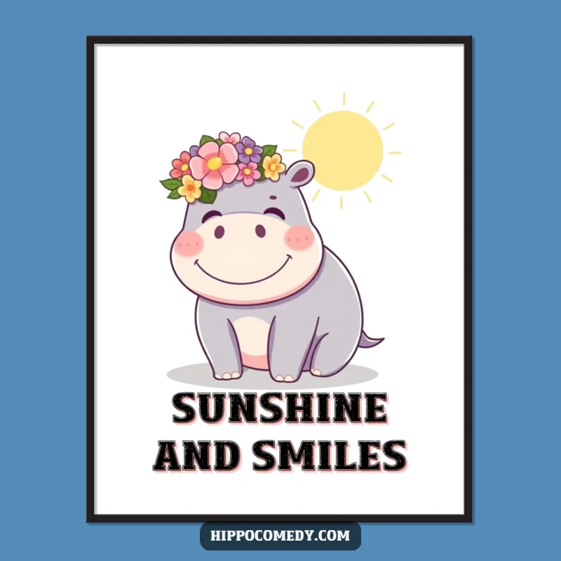 Funny Kawaii Hippo Flower Crown Poster: Giggling Sun-Drenched Wall Art