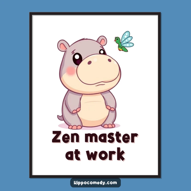 Funny Hippo Poster: Cute Wide-Eyed Hippo Watching Dragonfly Decor Art