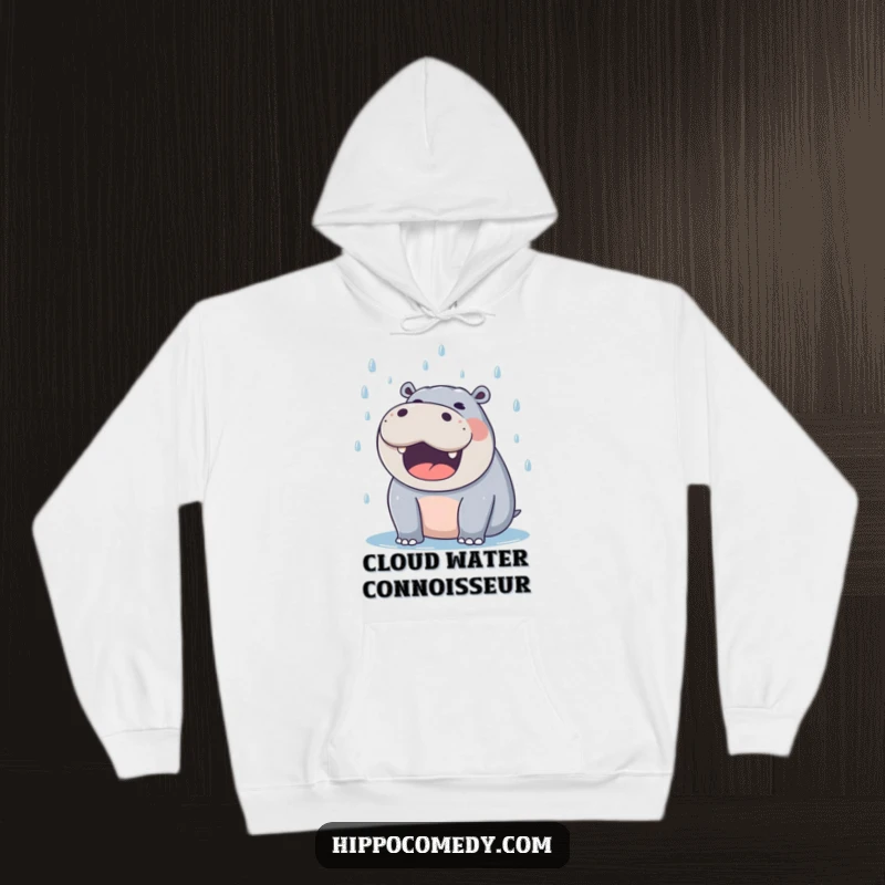 Funny hippo hoodie depicting a happy hippo, mouth agape, catching falling raindrops with pure delight.