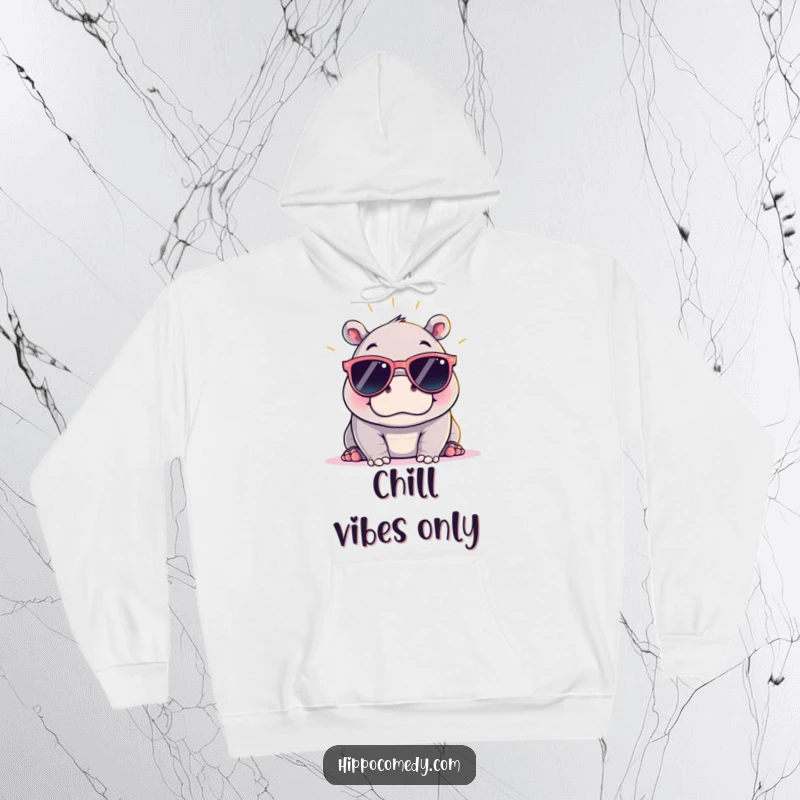 Funny kawaii hippopotamus lounging in oversized sunglasses, a cozy hoodie design radiating cool comfort and sunny cheer.