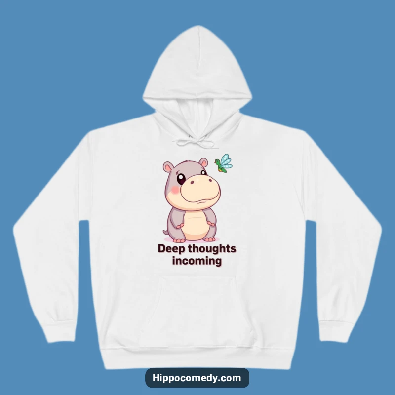 Funny Hippo Hoodie: Cozy Wide-Eyed Hippo Dragonfly Watching Wearable Art