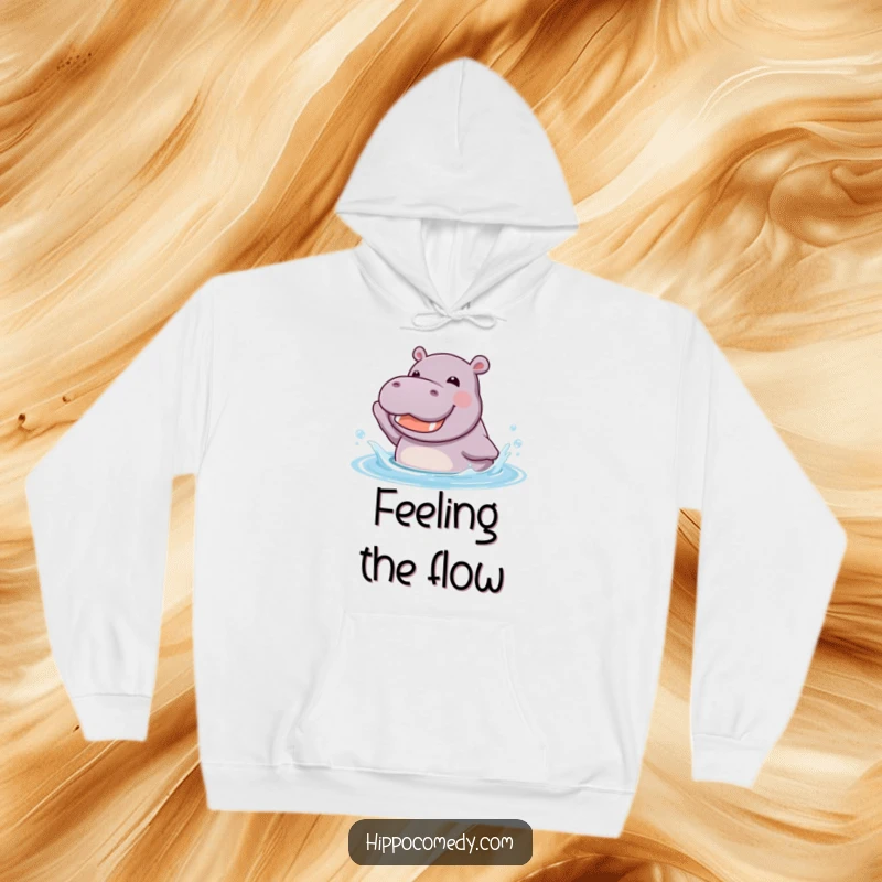 Funny kawaii hippopotamus joyfully splashing in cool water with a happy grin, on a soft, warm hoodie.