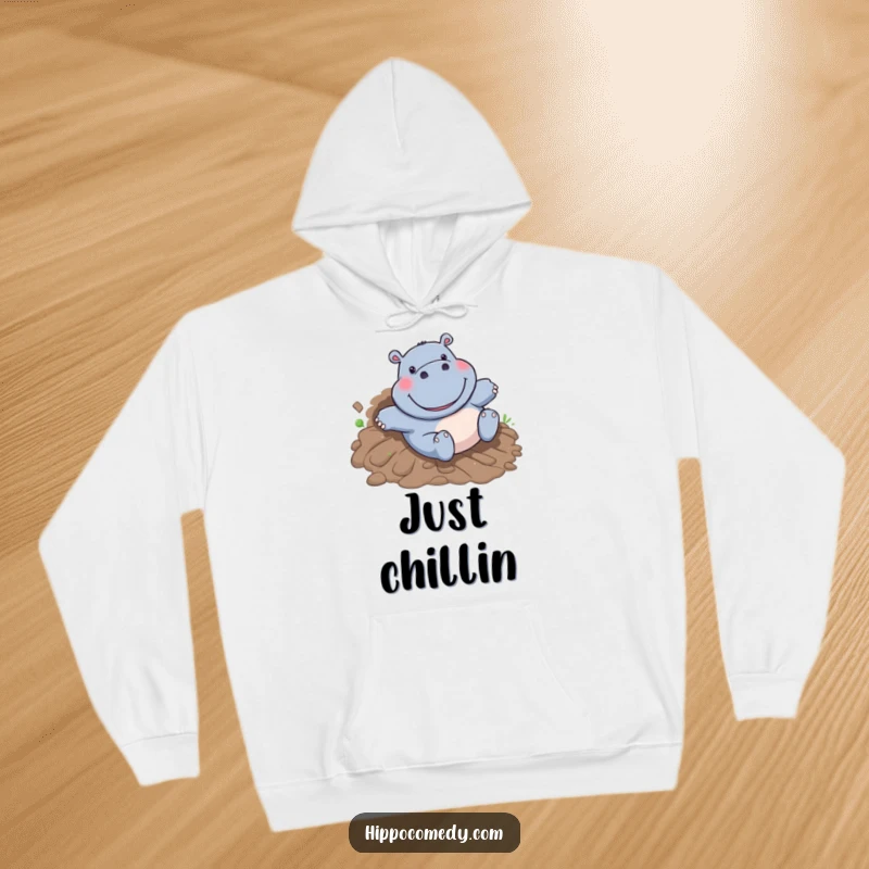 Funny Hippo Hoodie: A happy cartoon hippo with a wide grin slides down a muddy hill, showcasing pure, uninhibited fun.