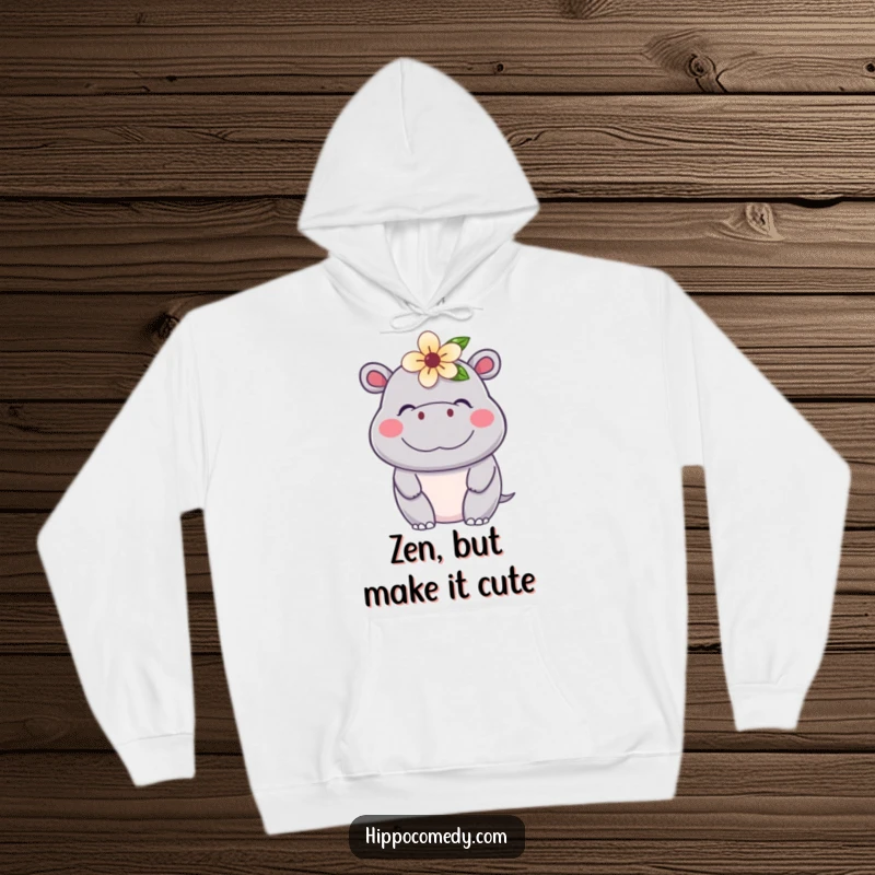 Funny Kawaii Hippo Hoodie depicting a sweet hippopotamus adorned with a bloom, resting contentedly, ideal for cozy humor.