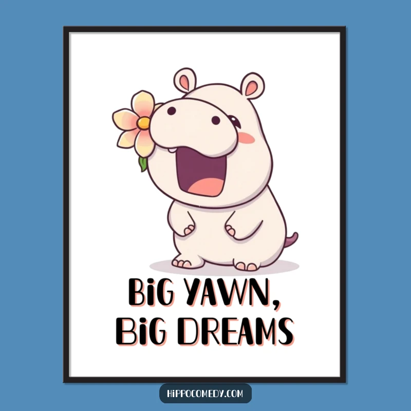 Free Printable Kawaii Hippo Wall Art: Yawning Flower Hippo Digital Download Decor