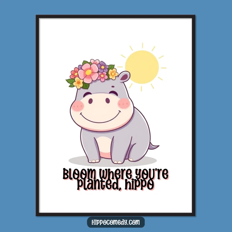 Free Printable Cheerful Wall Art: Giggling Hippo with Flower Crown, Happy Downloadable Art