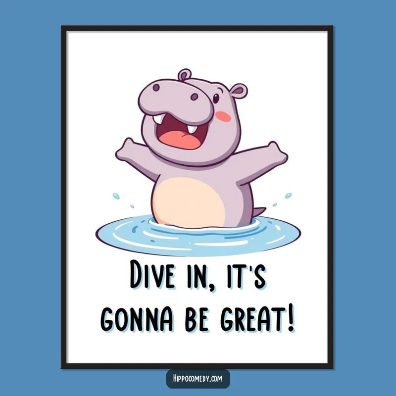Funny Free Printable Wall Art: Excited Hippo Ready for Aquatic Adventure!