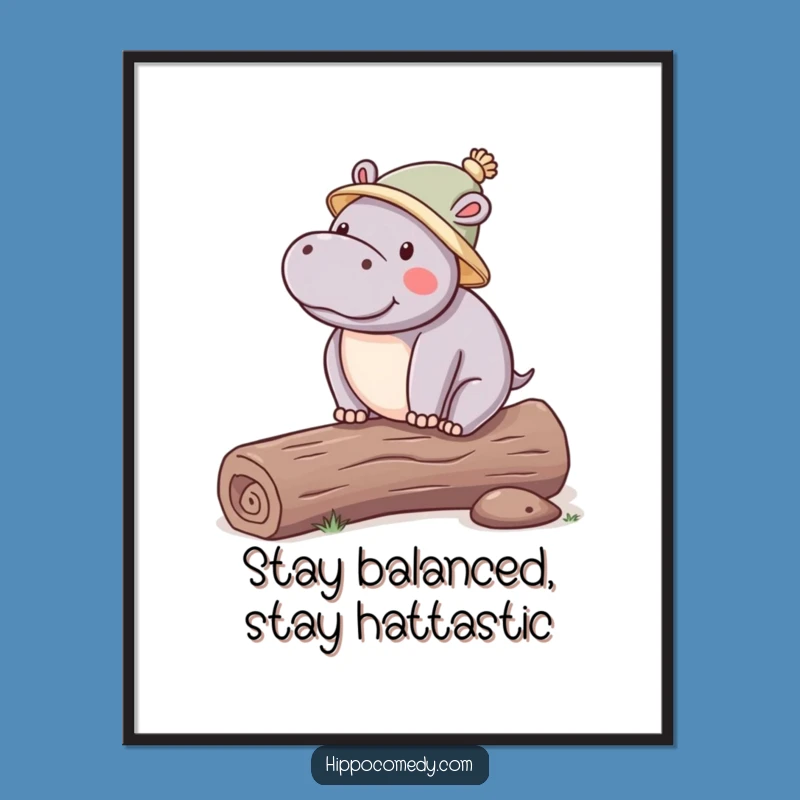 Free Printable Wall Art: Balancing Hippo in Hat, Whimsical Downloadable Kawaii Decor
