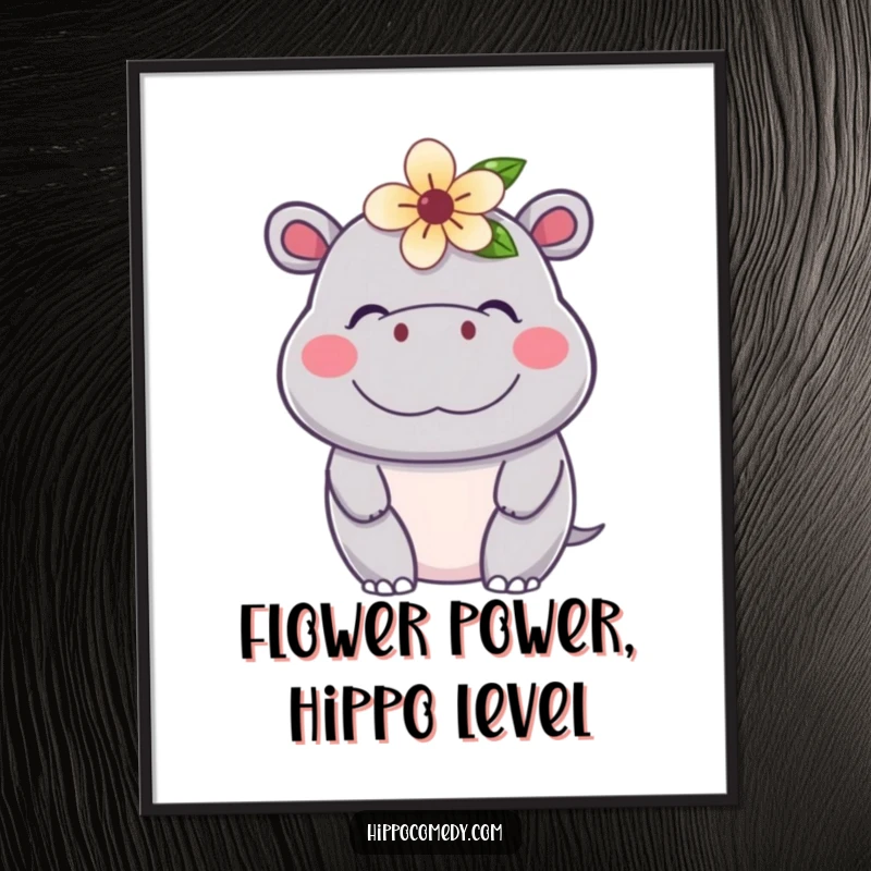 Funny Free Printable Wall Art of a kawaii hippo with a flower on its head, looking utterly content and peaceful.
