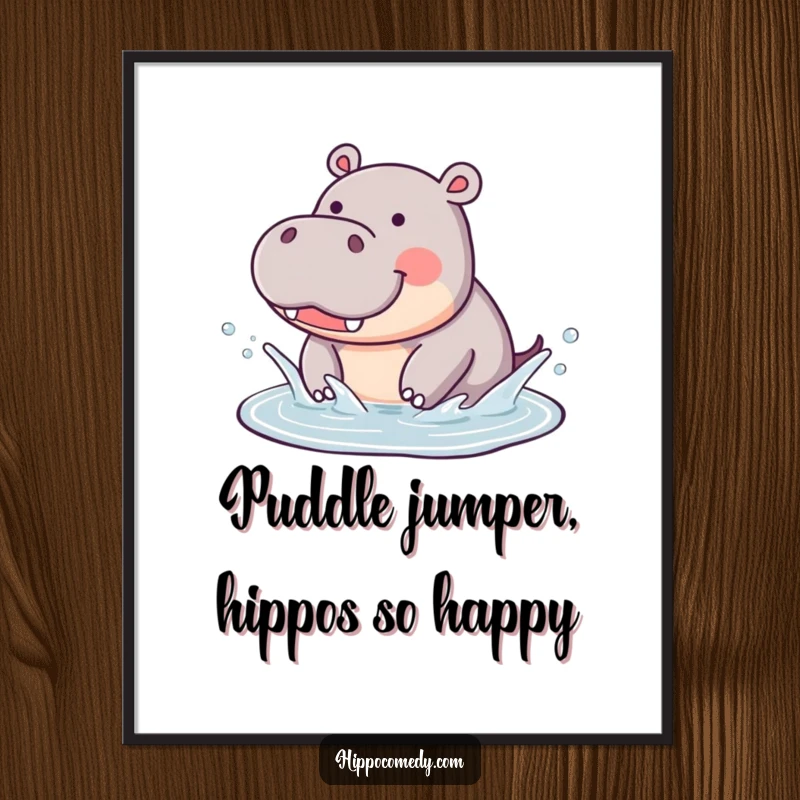 Funny Free Printable Wall Art: A cute hippopotamus splashing joyfully in a small puddle, radiating happiness and fun.