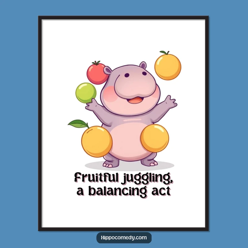 Free Printable Funny Wall Art: Kawaii Hippo Juggling Fruits, Hilarious Downloadable Art