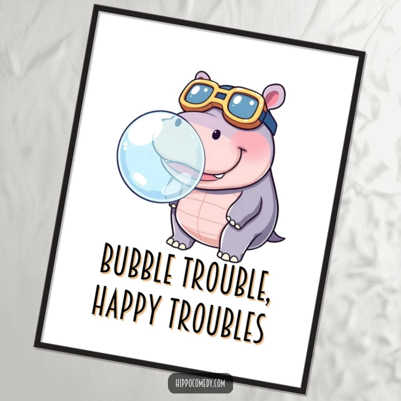 Funny Free Printable Wall Art: A kawaii hippopotamus wearing oversized goggles is focused on blowing an enormous, perfect bubble.