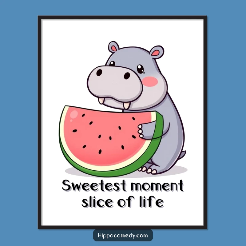 Funny Free Printable Wall Art: Kawaii Hippo with Sweet Watermelon!