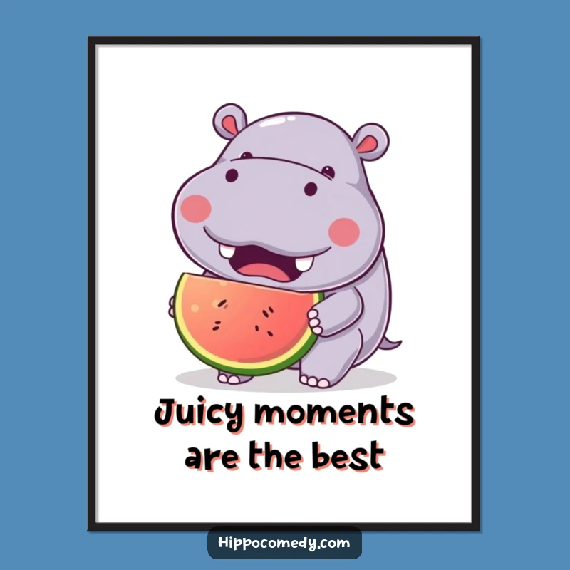 Free Printable Wall Art: Joyful Hippo Eating Fruit, Cheerful Downloadable Kawaii Decor