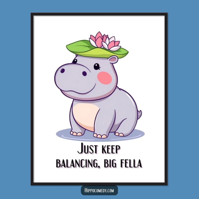 Free Printable Wall Art: Funny Hippo Lily Pad Balance, Humorous Downloadable Decor