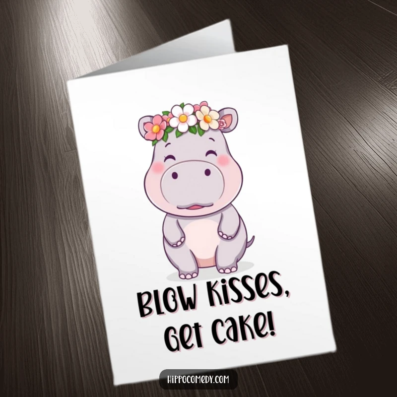 Funny free printable birthday card with a cute kawaii hippo wearing a flower crown and blowing a kiss.