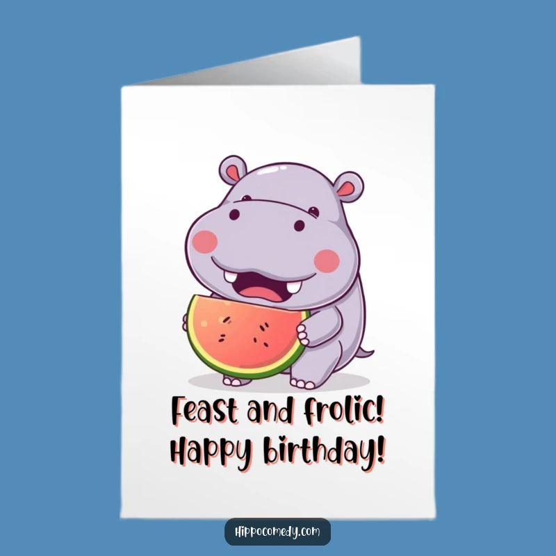 Free Printable Birthday Card: Joyful Hippo Eating Fruit, Fun Downloadable Gift Greeting