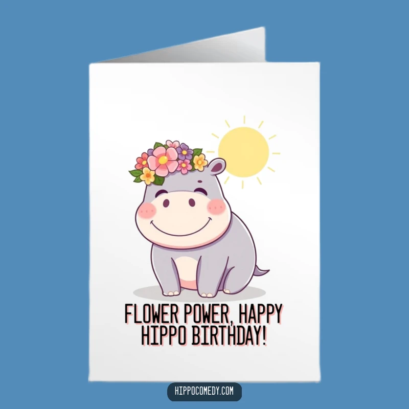 Free Printable Whimsical Birthday Card: Giggling Hippo with Flower Crown, Joyful DIY Gift