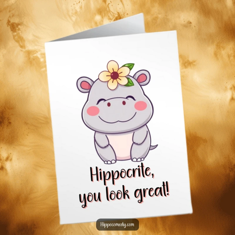 Funny Free Printable Birthday Card featuring a kawaii hippo with a flower, looking incredibly content and ready to celebrate.