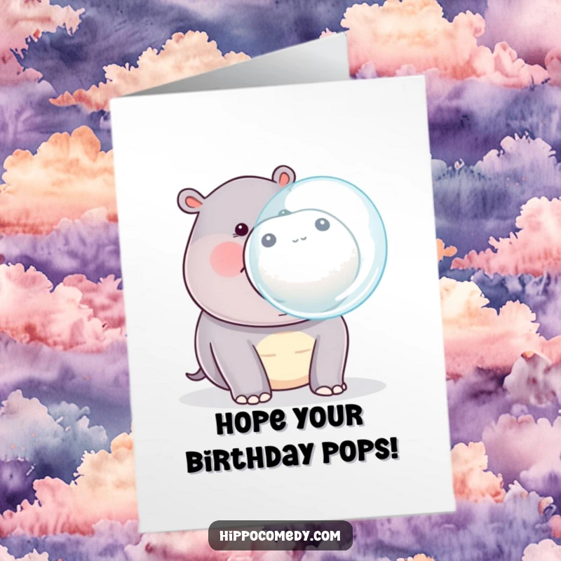 Funny Free Printable Birthday Card: A kawaii hippopotamus happily blows a huge, shimmering bubble from its mouth, wishing a birthday greeting.