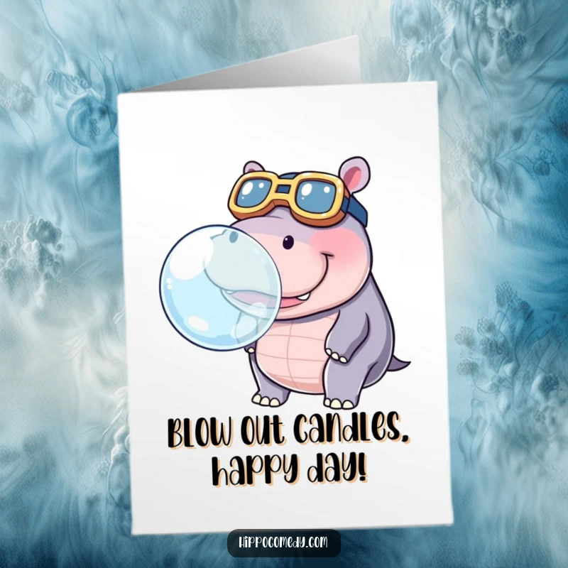 Funny Free Printable Birthday Card: A kawaii hippopotamus in oversized goggles blows a huge, iridescent bubble with concentration and joy.