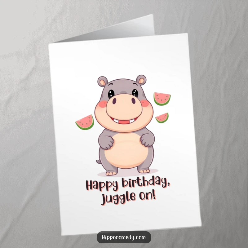 Funny Free Printable Birthday Card: A giggling hippo with wide, joyful eyes expertly juggles three shiny watermelons.