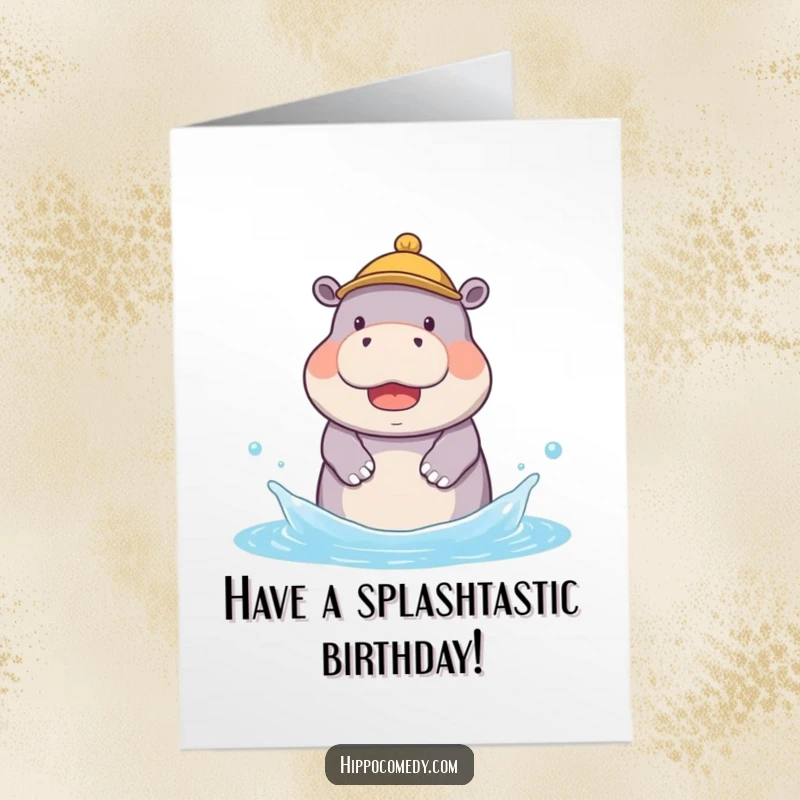 Funny Free Printable Birthday Card: A kawaii hippopotamus sporting a tiny hat joyfully splashes water with big, happy movements.