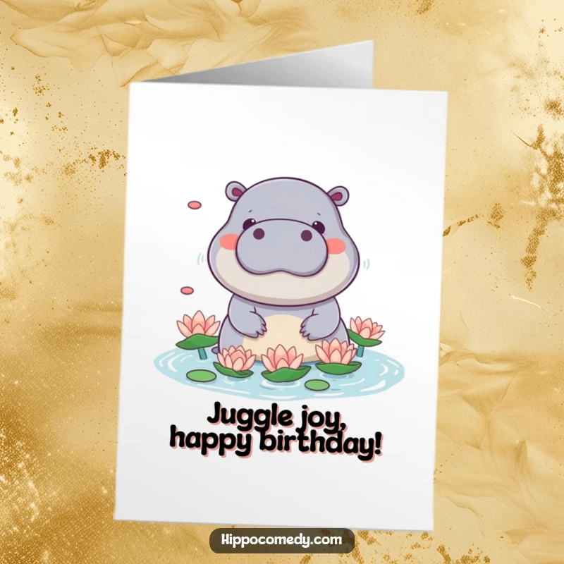 Funny free printable birthday card with a cute kawaii hippo playfully juggling water lilies with its snout.