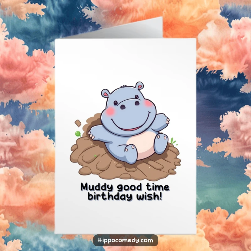 Funny Free Printable Birthday Card: A joyful hippo slides gleefully down a muddy hill, big grin, instant downloadable fun.