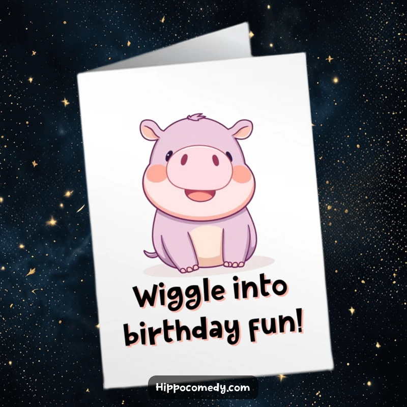 Funny Free Printable Birthday Card: A kawaii hippopotamus playfully wiggles its tiny ears with pure delight, celebrating a birthday.