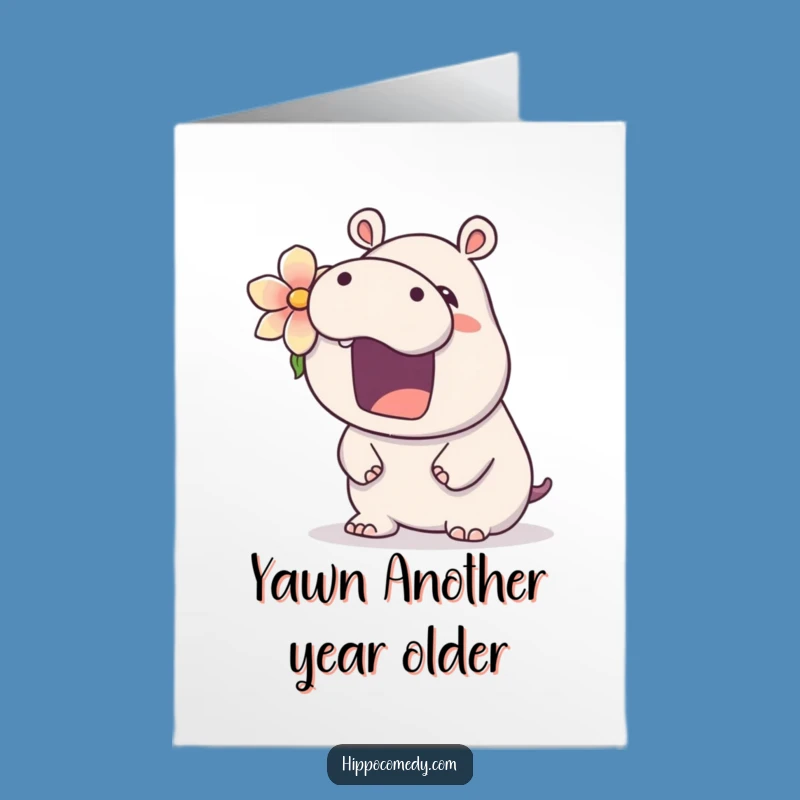 Free Printable Kawaii Hippo Birthday Card: Yawning Flower Hippo Digital Download Gift
