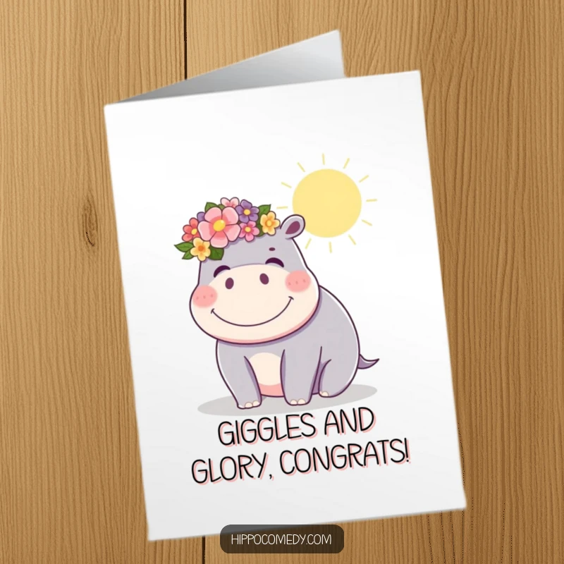 Joyful Free Printable Congratulations Card: A cute kawaii hippo in a flower crown giggles under the sun.