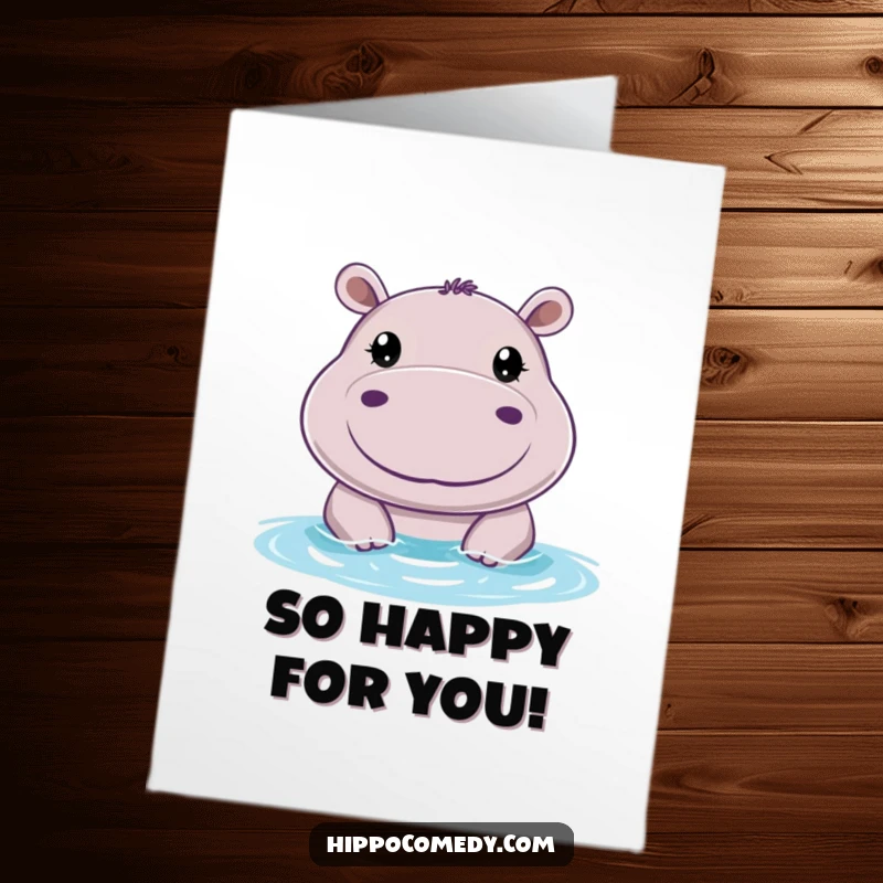 Funny Free Printable Congrats Card: A cheerful hippo with big, round eyes peeking happily above the water, celebrating.
