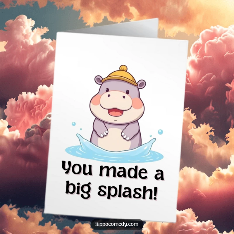 Funny Free Printable Congratulations Card: A kawaii hippo wearing a miniature hat gleefully splashes around in the water, celebrating.