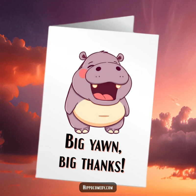 Funny Free Printable Thank You Card of a hippo mid-happy yawn, a peaceful and funny way to say thank you.