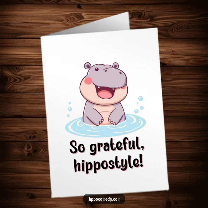 Funny Free Printable Thank You Card with a hippo joyfully surfacing from a bubbly pool, a wet and wonderful thanks.