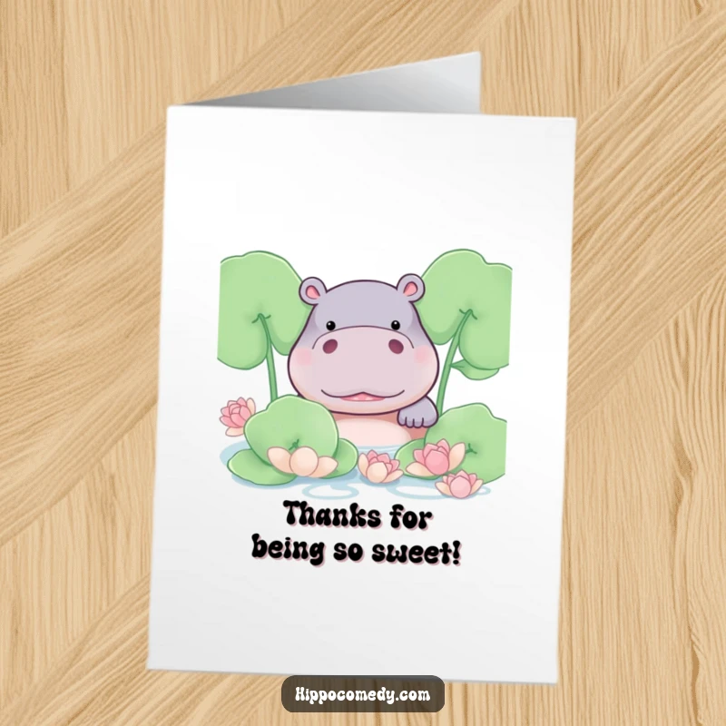 Funny Free Printable Thank You Card: A hippo with a blush peeks shyly from lily pads.