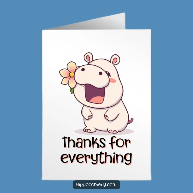Free Printable Kawaii Hippo Thank You Card: Yawning Petal Hippo Digital Download