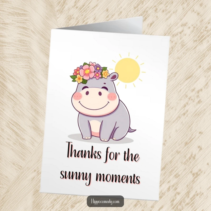 Sweet Free Printable Thank You Card: A kawaii hippo with a flower crown giggles warmly in the sunshine.