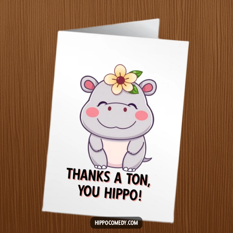 Funny Free Printable Thank You Card featuring a contented kawaii hippo with a flower, perfect for expressing sincere thanks.