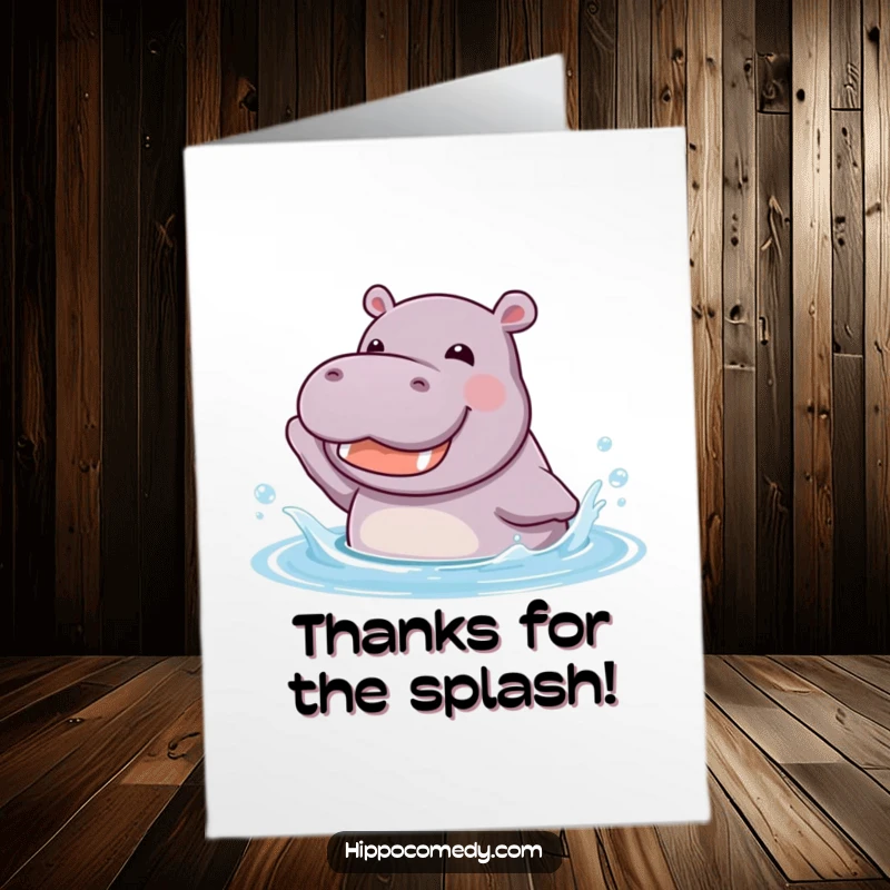 Funny Free Printable Thank You Card: A kawaii hippopotamus joyfully splashing in cool water with a happy grin, expressing sincere thanks.