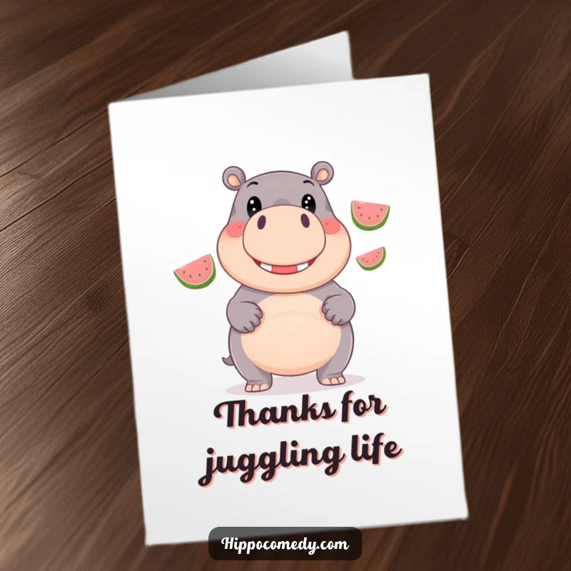 Funny Free Printable Thank You Card: A giggling hippo with beaming eyes juggles three shiny watermelons, showing appreciation.