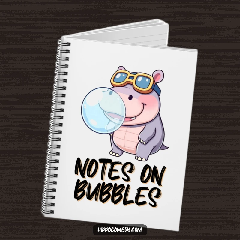 Funny notebook featuring a kawaii hippopotamus in oversized goggles, blowing a large bubble, perfect for note-taking.