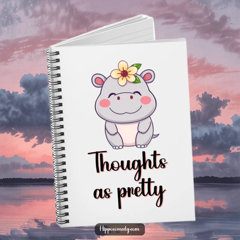 Funny Kawaii Hippo Notebook featuring a cute, content hippopotamus with a flower, ideal for journaling or sketching.