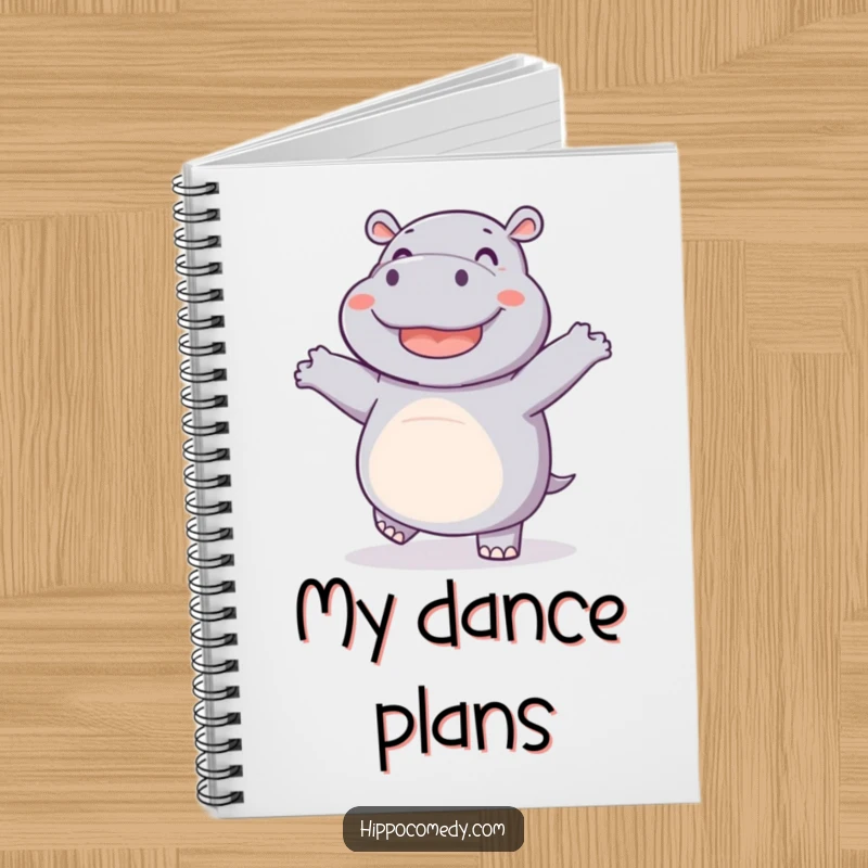 Funny notebook featuring a joyful hippo dancing with wiggling feet, great for jotting notes with humorous and animal-themed flair.